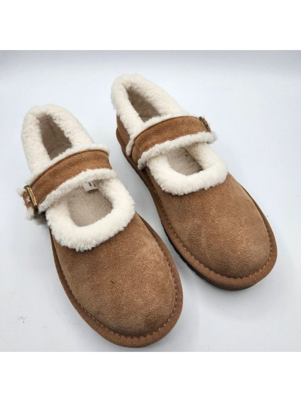 Greystone Cozy Tan Leather Mary Jane Shoes with Faux Fur Lining Sz 7